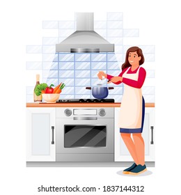 Happy woman cooking vegetable soup in kitchen. Young girl in apron makes healthy lunch or dinner. Vector characters illustration. Home meal recipes, leisure lifestyle and time at home concept