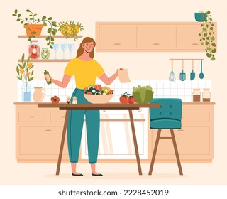 Mujer feliz cocinando. Muchacha con botella de aceite, verduras y frutas en la cocina. Estilo de vida saludable y nutrición equilibrada. Vitaminas y dieta vegetariana. Dibujo vectorial plano de dibujos animados