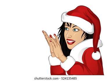 Happy woman in the costume of Santa Claus applauds. She claps her hands. Vector. isolated portrait on a white background. Pop art style