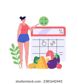 Happy woman counting daily calories with diet app. Concept of calories count, diet app for nutrition and dieting, weight loss calculator. Girl using diet app for meal plan. Vector illustration in flat
