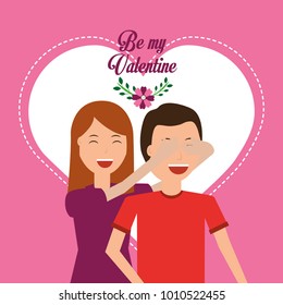 happy woman covering her man eyes heart valentines day