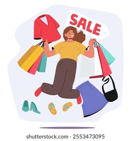 Happy woman crazy shopaholic cartoon character jumping with lots of shopping bags enjoying sales opportunity vector illustration. Discount on new arrival at fashion clothing store vector illustration