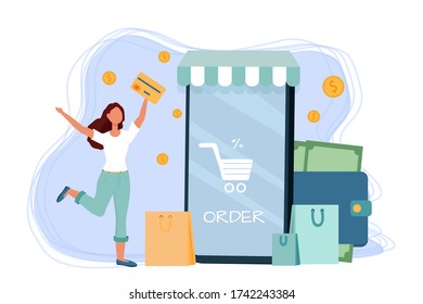 Happy woman with credit card using phone for online shopping stock vector illustration. Composition with money, coins and packages. Positive bright for advertising, banner.