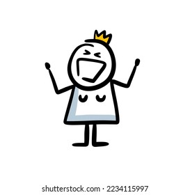 A happy woman with a crown on her head laughs and raises her hands in a royal gesture. Vector illustration of doole stick figure queen.