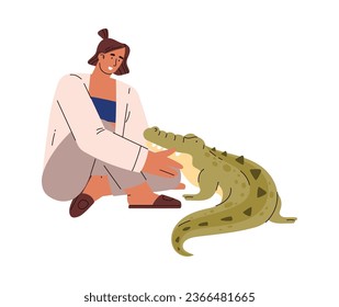 Happy woman cuddling with crocodile, flat vector illustration isolated on white background. Person owning reptile pet. Concepts of anima, nature and wildlife.