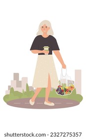 Happy woman with a cup of coffee and a bag full of vegetables and fruits. Cute vector illustration in flat style