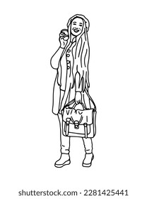 Happy woman with a cup of coffee. Line illustration, sketch. Isolated on white background.
