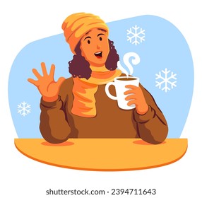 Happy woman with a cup of hot drink in the winter