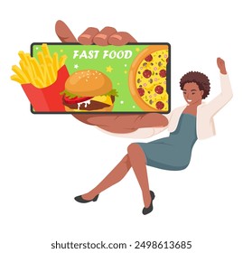 Happy woman customer advertising fastfood order mobile service