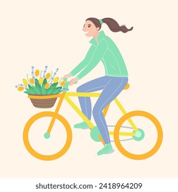 Happy woman cycling at springtime in flat cartoon design. Young girl riding bike with spring basket of tulips bouquet and green leaves and enjoying weekend vacation. Vector illustration isolated