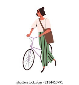 Happy woman cyclist walking and holding bicycles handlebar. Modern person going near bike. Smiling stylish female in casual clothes with tote bag. Flat vector illustration isolated on white background