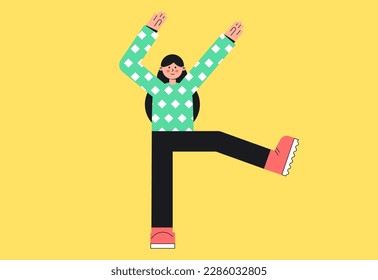 Happy woman dance. Flat vector girl in modern style. Girl raised her arms and leg up