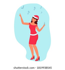 Happy woman dancing in costume of santa Claus with cocktail isolated Illustration, holiday mood, new year party.