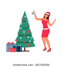 Happy woman dancing and decorated Christmas tree. Holiday preparation, celebration. Positive composition isolated on white background