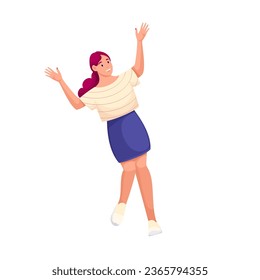 Happy woman dancing dynamic dance to music vector illustration. Cartoon isolated female dancer character in casual clothes raising hands up to dance and move on fun party, excited girl jumping