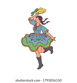 Happy woman dancing in Festa Junina dress - traditional Brazil holiday in June. Cartoon girl in national costume celebrating Brazilian festa, isolated vector illustration.