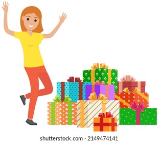 Happy woman dancing near stack of birthday gifts in wrapped boxes. Young smiling person recoices in giftboxes. Girl standing with presents. Female character raises his hands in happiness on holiday