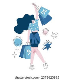 Happy woman dancing with shopping bags in her hands. Good deal. Period of discounts and sales. Vector illustration isolated on white background. 