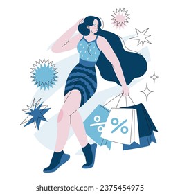 Happy woman dancing with shopping in her hands. Good deal. Period of discounts and sales. Vector illustration isolated on white background. 