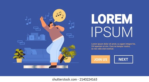 happy woman dancing and singing songs in microphone girl having fun living room interior horizontal