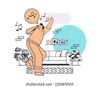 happy woman dancing and singing songs in microphone girl having fun living room interior horizontal
