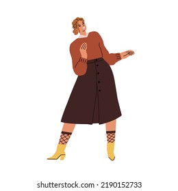 Happy woman dancing, swinging to music. Smiling young girl standing in fashion outfit with skirt and fishnet socks. Cheerful female dancer. Flat vector illustration isolated on white background
