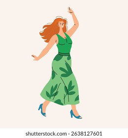 Happy woman dancing. White girl wearing in casual outfit. Celebration action in a flat imodern minimalistic style. Vector illustration.