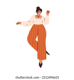 Mujer feliz bailando. Joven y elegante chica se balancea con la música, movimientos elegantes. Sonriente positivo y bonita mujer en ropa de moda. Ilustración vectorial gráfica plana aislada en fondo blanco