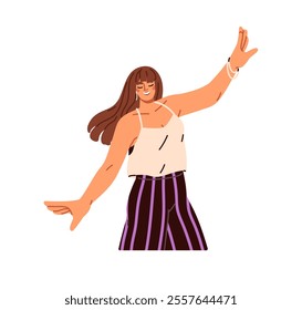 Happy woman dancing. Young female character smiling, enjoying with positive energy, elegant graceful hands, arm movements. Modern girl in motion. Flat vector illustration isolated on white background