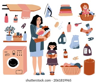 Happy woman with daughter in the laundry. Set with accessories for washing and ironing, baskets with linen. Housework. Vector objects.