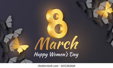 Happy woman day 8 march banner or poster. Black and gold style with shiny text and realistic paper butterfly with gold light and shadows. Template for design web, vector trend illustration 