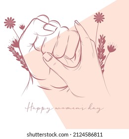 Feliz día de la mujer mano ilustración sujetando gesto de mano cerrada Vector