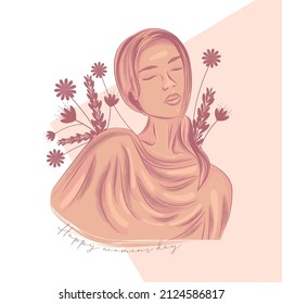 Happy woman day illustration Sketch of woman with flowers Vector