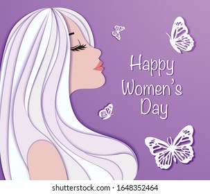 Happy woman day template, Vector Illustration with paper cut woman, butterflies and place for text on purple background