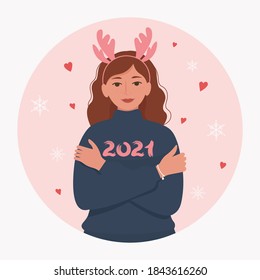 Happy woman with deer antlers hat in sweatshirt with the inscription 2021. People in warm, winter, Christmas clothes concept. Cute vector illustration