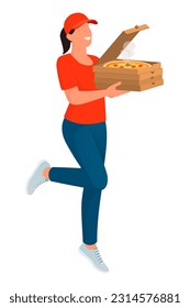 Happy woman delivering pizza boxes at home, food home delivery concept