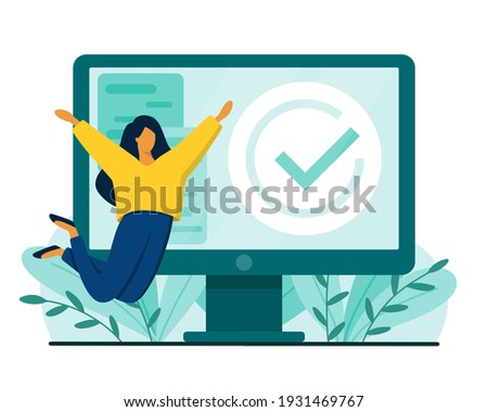 Happy woman and desktop with checkmark sign. Task completed or finished work concept. Flat style vector illustration.