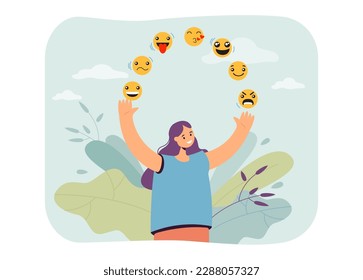 Happy woman with different emoticons as feelings. Smiling girl juggling emotions, funny faces with various expression vector illustration. Emotional intelligence, emotions, psychology concept