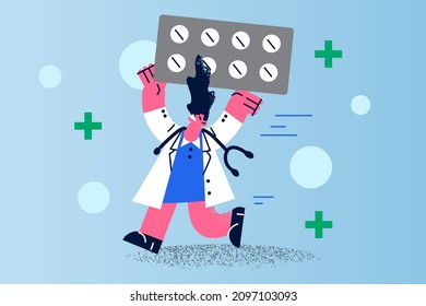 Happy woman doctor in medical uniform carry huge pills package help patient with covid-19. Smiling female nurse or therapist with meds or drugs run for aid. Medicine, healthcare. Vector illustration. 