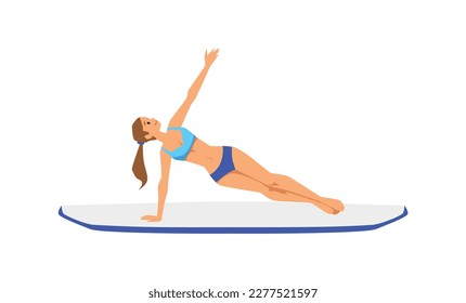 Happy woman does side plank on sup board, flat vector illustration isolated on white background. Concept of yoga practice on paddle board in the sea or lake. Vasisthasana pose.