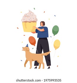 Happy woman and dog with huge cake for birthday party. Person with pet celebrating holiday with big cupcake, balloons and confetti. Colored flat vector illustration isolated on white background