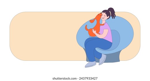 Happy woman with dog isolated on white background. People playing, hugging, cuddling with four-legged animal friends. Sample for banner for pet owner services and shop. Flat vector illustration...