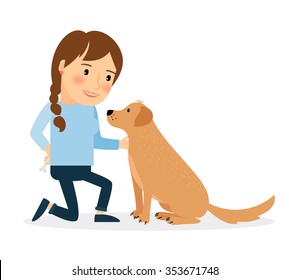Happy woman with dog. Lady sitting playing and teaching her pet. Vector illustration.