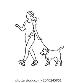 Happy Woman and Happy Dog Walking Together Black Silhouette on White Background. Woman Walking with Pet. Family Vector Illustration. Linear Drawing for Trendy Design