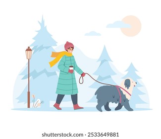 Happy woman with dog in winter park. Girl with cute dog on leash in cold weather. Snowy winter season outdoor activity. Female Character in warm clothes. Vector illustration.