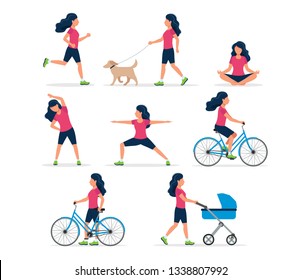 Happy woman doing different outdoor activities: running, dog walking, yoga, exercising, sport, cycling, walking with baby carriage. Vector illustration in flat style, healthy lifestyle concept.