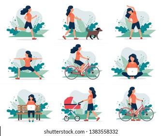 Happy woman doing different outdoor activities: running, dog walking, yoga, exercising, sport, cycling, walking with baby carriage. Vector illustration in flat style, healthy lifestyle concept.