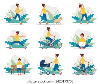 Happy woman doing different outdoor activities: running, dog walking, yoga, exercising, sport, cycling, walking with baby carriage. Vector illustration in flat style, healthy lifestyle concept.