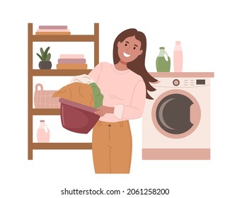 Happy Woman Doing Laundry In Bathroom. A Young Person Holds A Basket With Clean Washed Clothes. Cartoon Female Character Vector Illustration Isolated On White Background