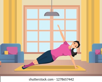 Happy Woman Doing Morning Fitness Sport Workout. Young Woman Engaged in Yoga. Smiling Girl are Standing in Yoga Pose in Home Interior. Yellow Exercise Mat. View of Living Room with Blue Chair.